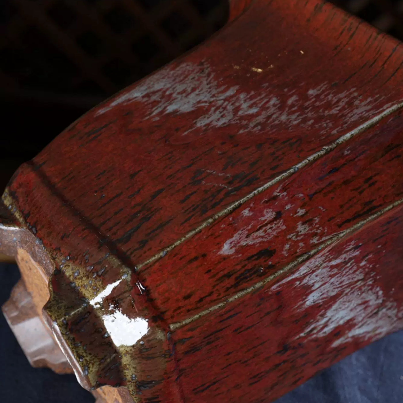 10 inch (25.5cm) Deep Square Corner-Cut Wood-Fired Unique Red Glazed Cascade Bonsai Pot Close Shot