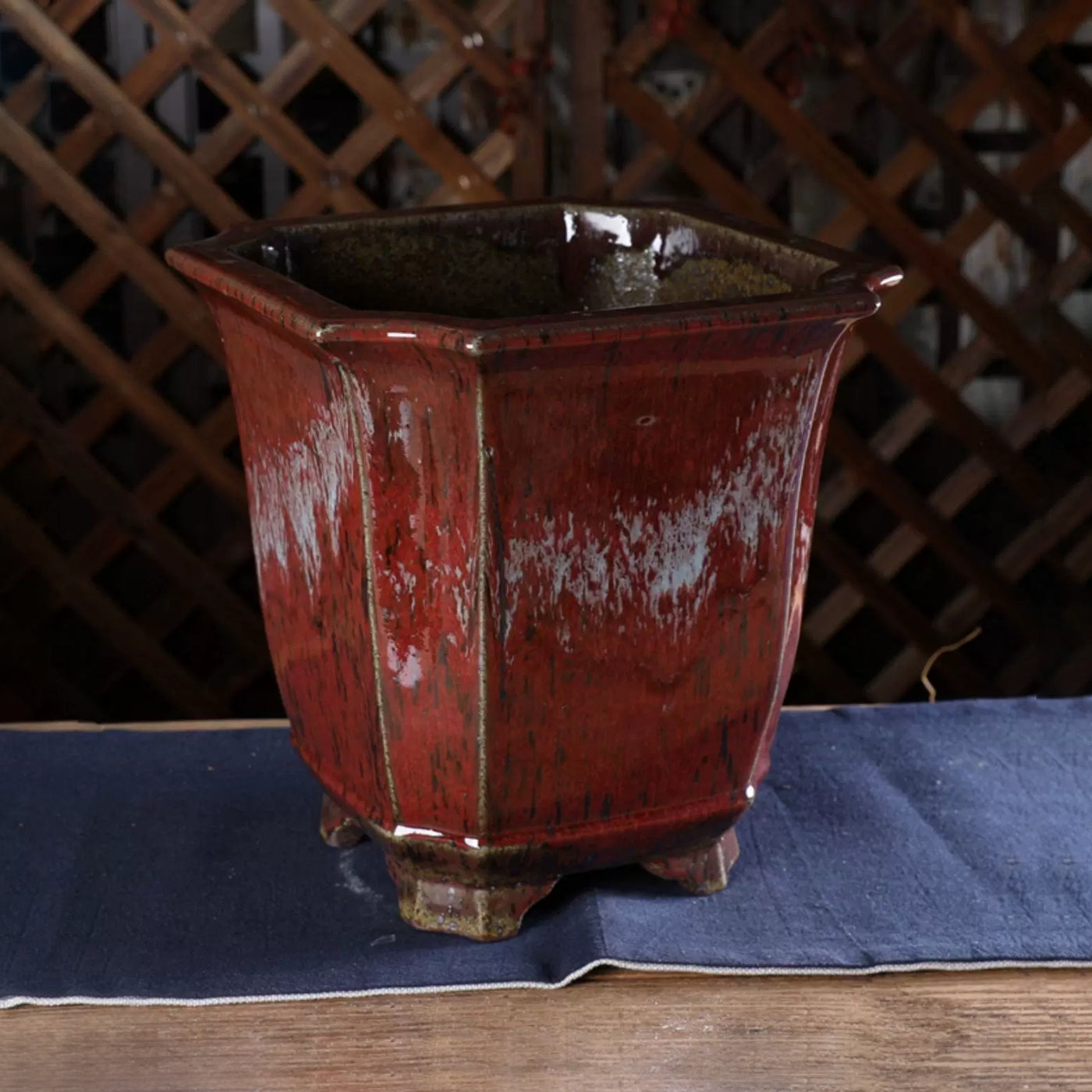 10 inch (25.5cm) Deep Square Corner-Cut Wood-Fired Unique Red Glazed Cascade Bonsai Pot Corner Top View