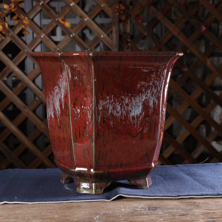 10 inch (25.5cm) Deep Square Corner-Cut Wood-Fired Unique Red Glazed Cascade Bonsai Pot Corner View