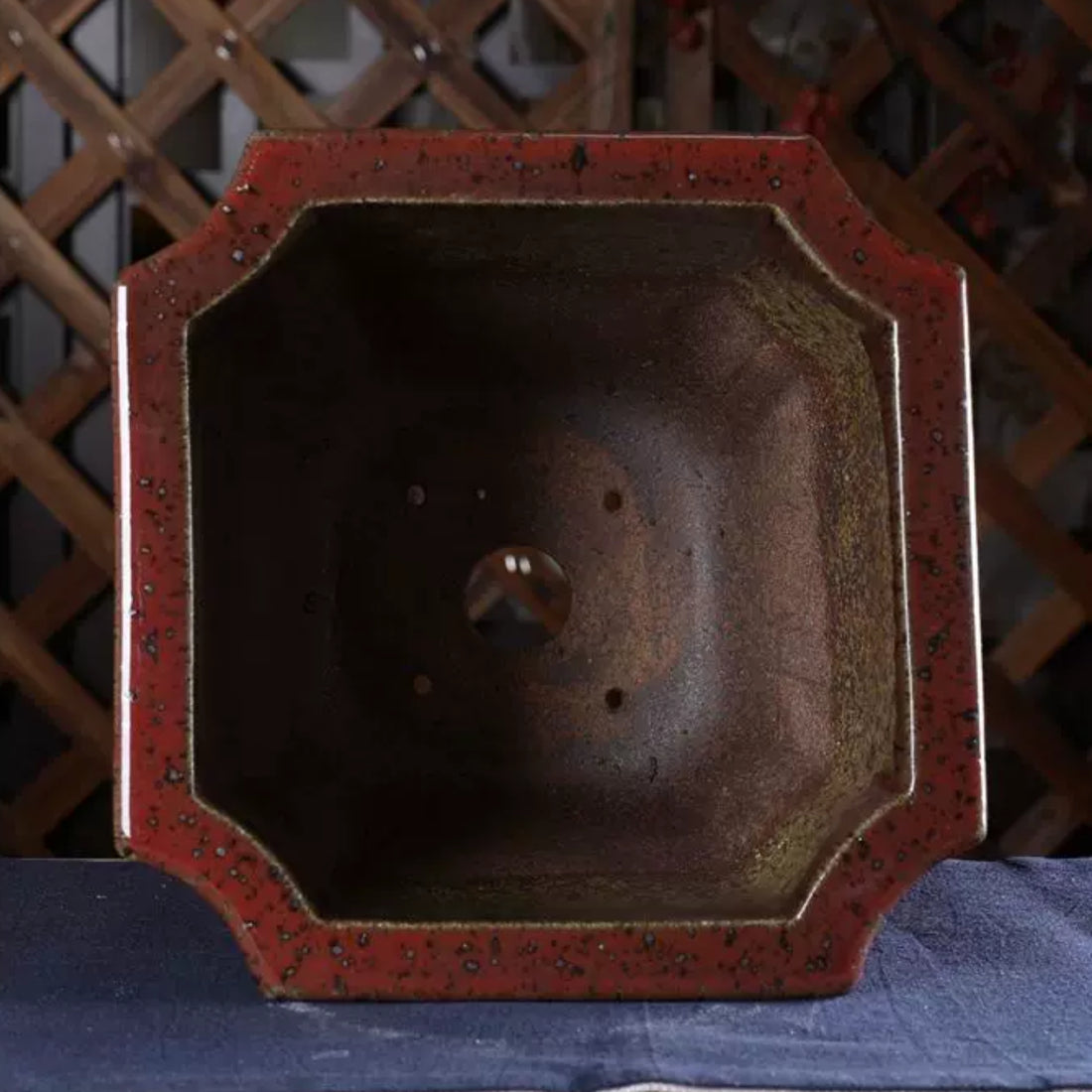 10 inch (25.5cm) Deep Square Corner-Cut Wood-Fired Unique Red Glazed Cascade Bonsai Pot Inner View