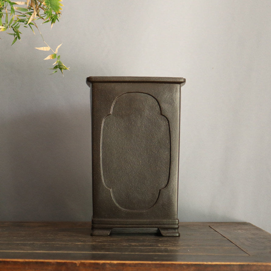 10 inch (25.5cm) Deep Square Unglazed Black Premium Cascade Bonsai Pot w Decorative Panels