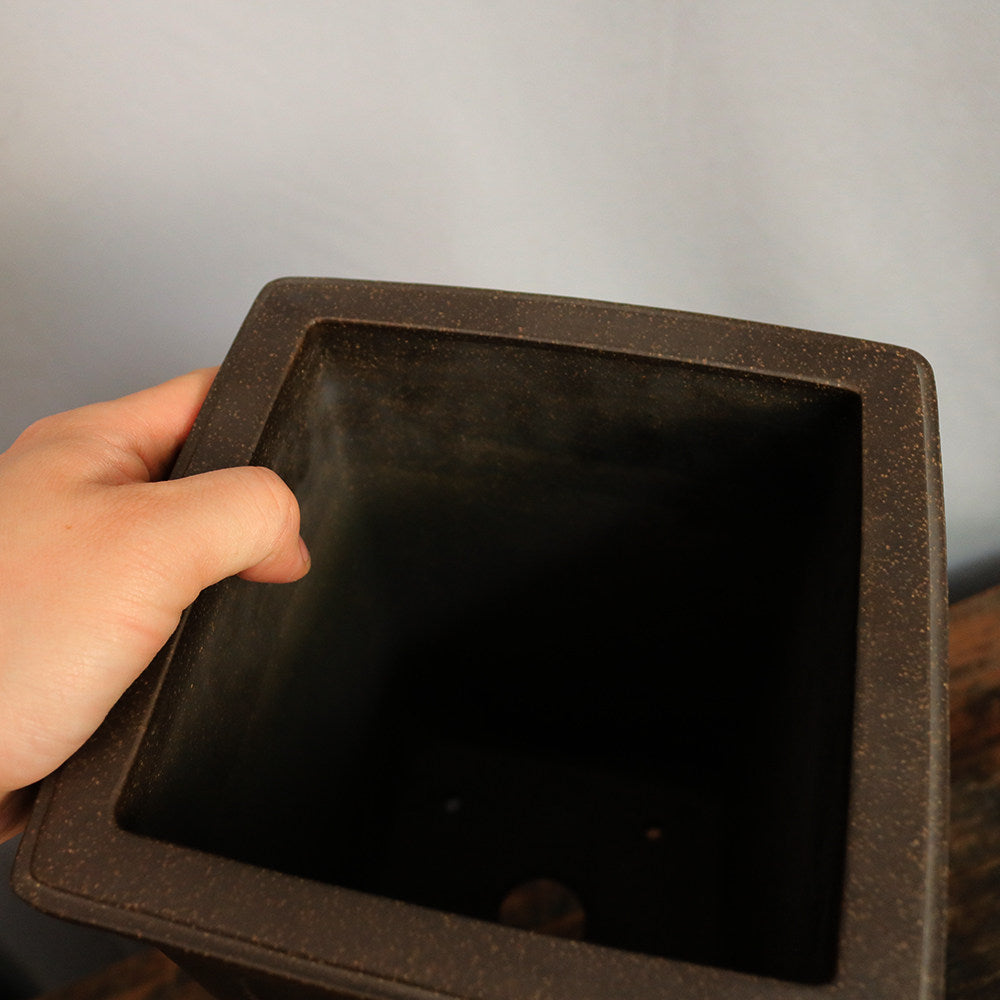 10 inch (25.5cm) Deep Square Unglazed Black Premium Cascade Bonsai Pot w Decorative Panels Close Shot