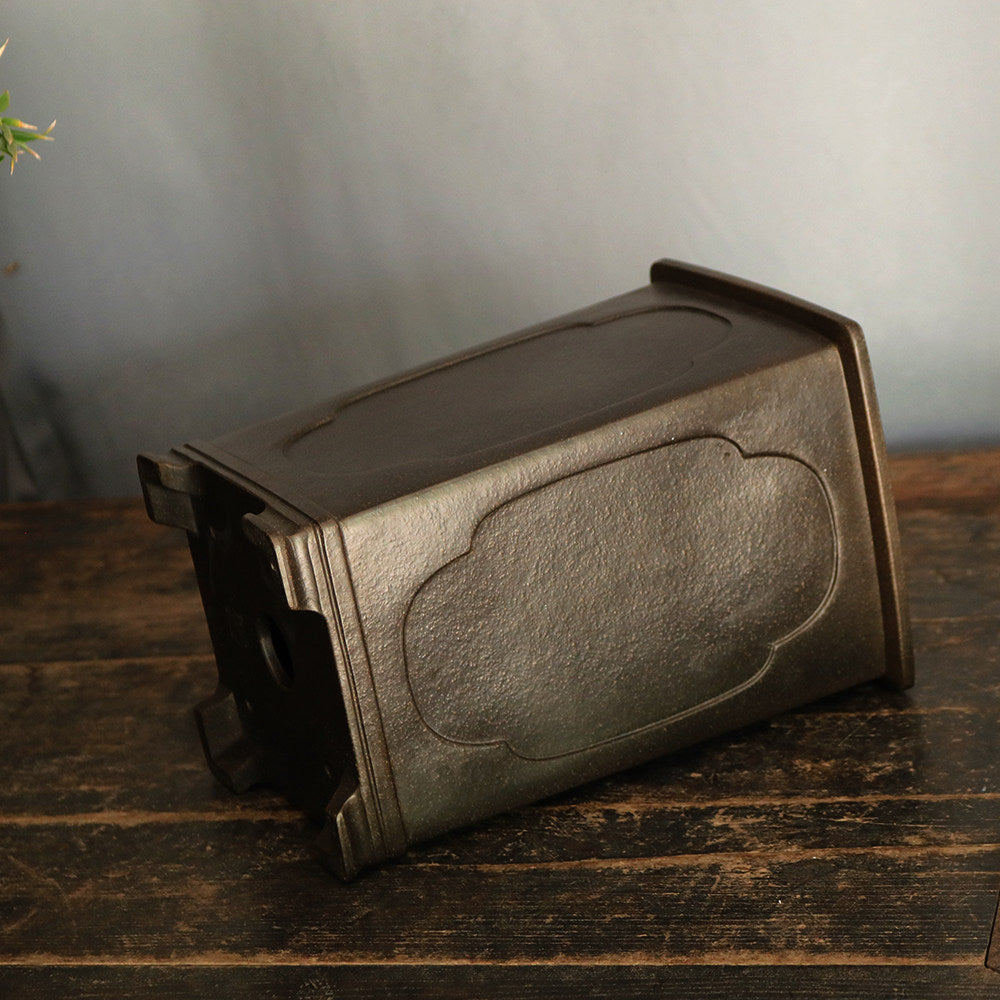 10 inch (25.5cm) Deep Square Unglazed Black Premium Cascade Bonsai Pot w Decorative Panels Side View