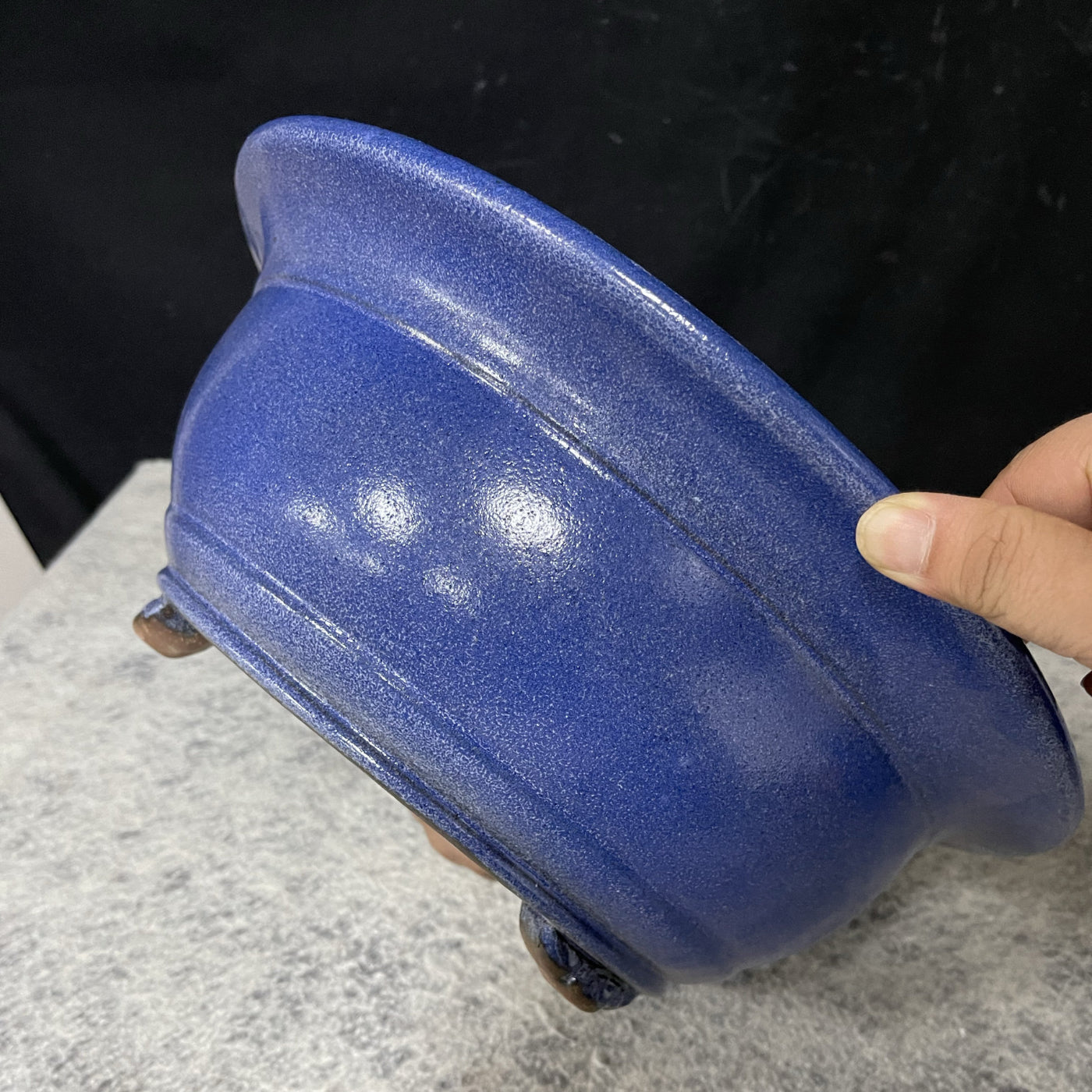 10 inch (25.5cm) Large 3.9 inch (10cm) Deep Bulged Round Blue Glazed Bonsai Pot with Flared Rim