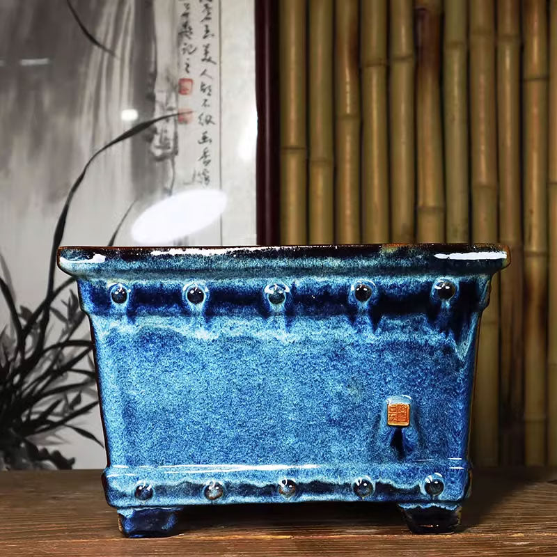 10 inch (25.5cm) Large 6.3 inch (16cm) Deep Square Glazed Semi Cascade Bonsai Pots Blue Color