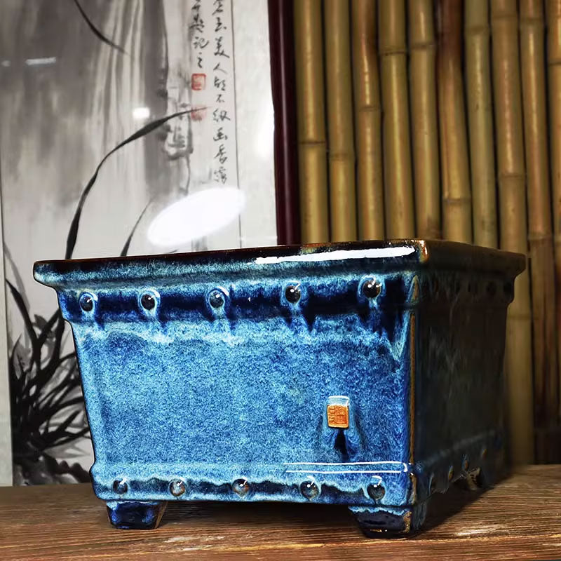 10 inch (25.5cm) Large 6.3 inch (16cm) Deep Square Glazed Semi Cascade Bonsai Pots Blue Color Corner View