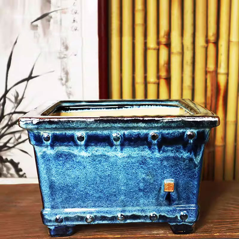 10 inch (25.5cm) Large 6.3 inch (16cm) Deep Square Glazed Semi Cascade Bonsai Pots Blue Color Top View