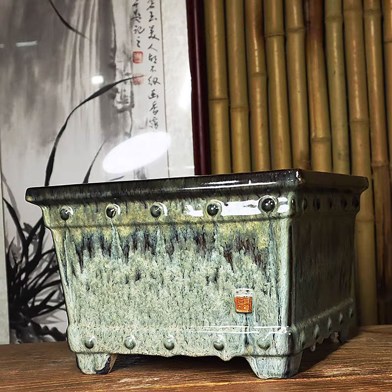 10 inch (25.5cm) Large 6.3 inch (16cm) Deep Square Glazed Semi Cascade Bonsai Pots Green Color Corner View