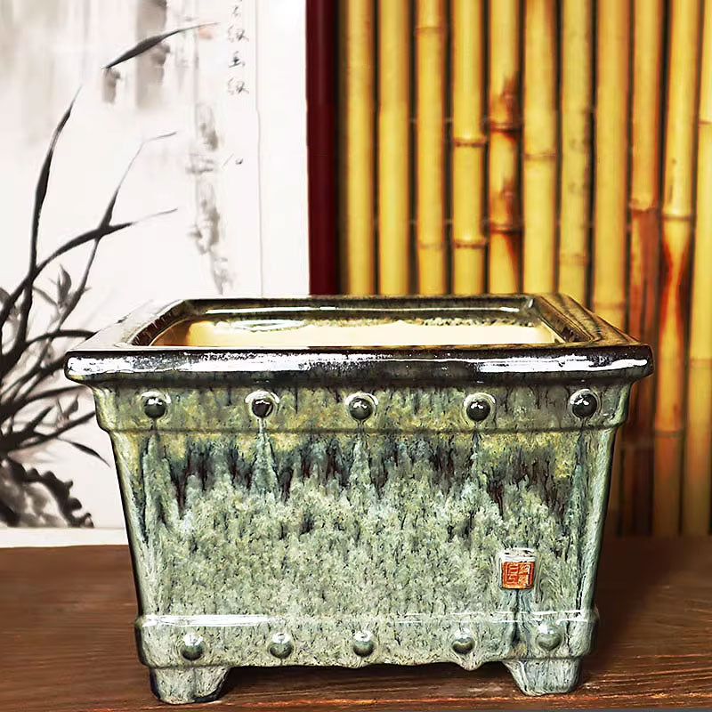 10 inch (25.5cm) Large 6.3 inch (16cm) Deep Square Glazed Semi Cascade Bonsai Pots Green Color Top View