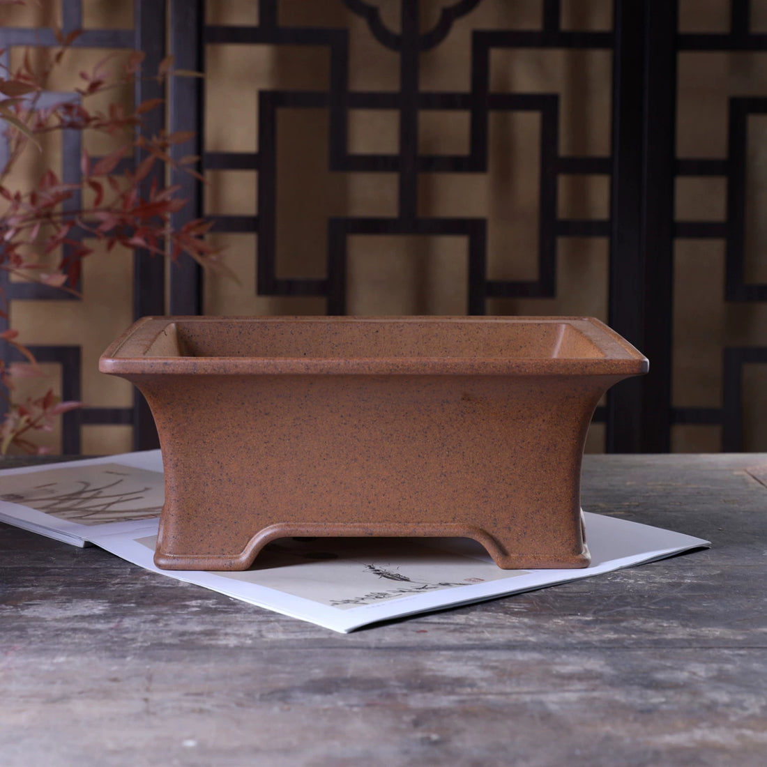 10 inch (25.5cm) Large Flared Rectangular Wood-Fired Unglazed Bonsai Pot w Arched Feet