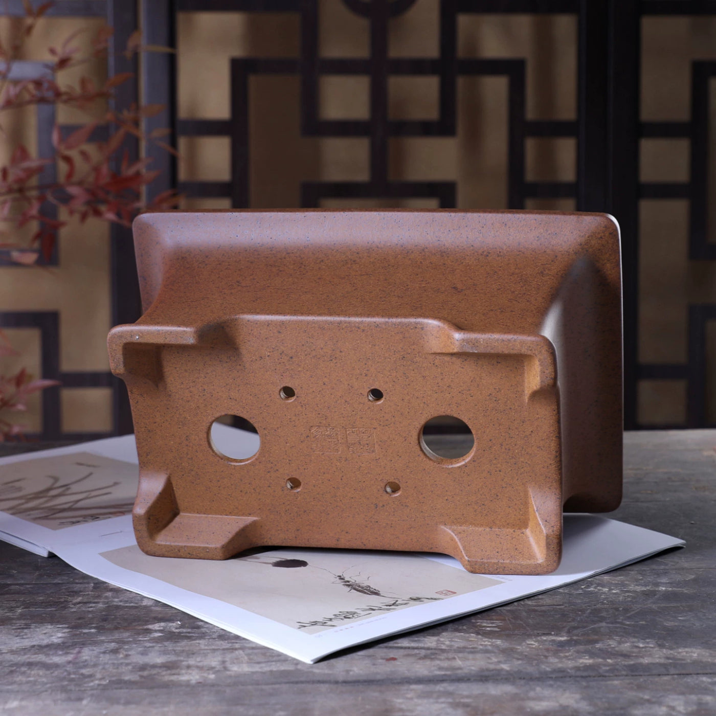 10 inch (25.5cm) Large Flared Rectangular Wood-Fired Unglazed Bonsai Pot w Arched Feet Bottom View