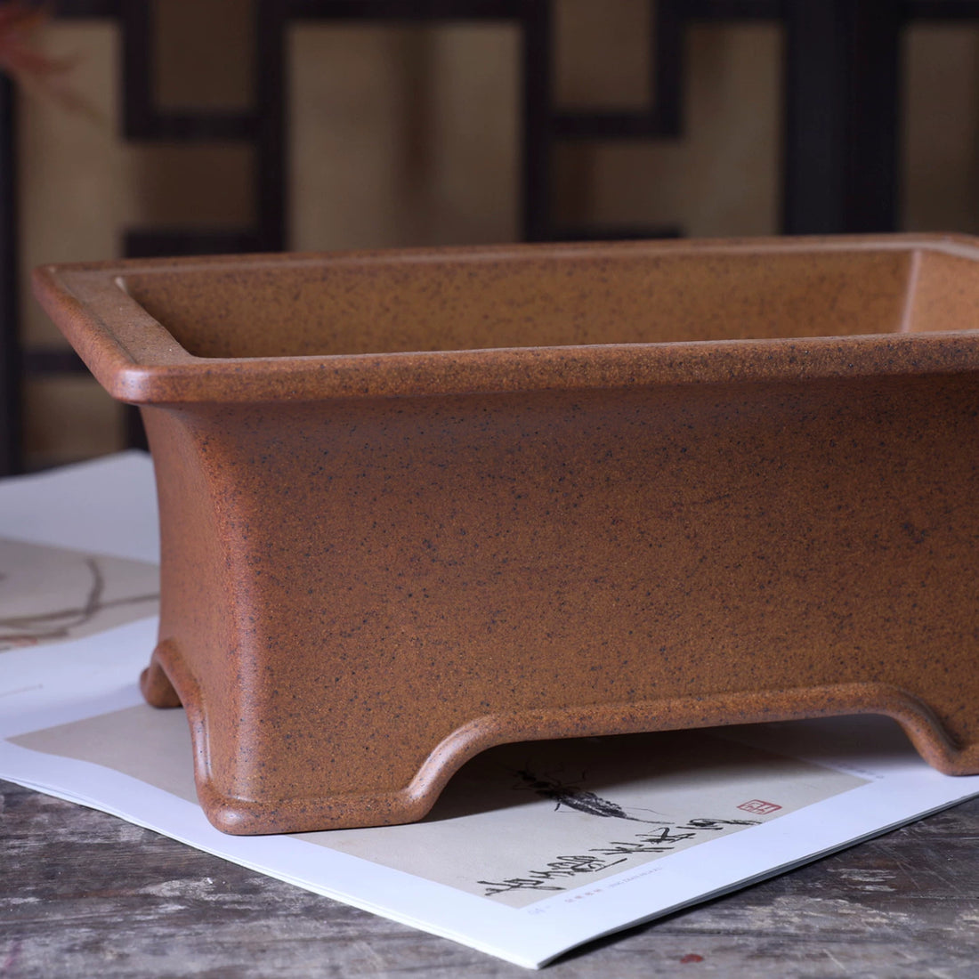 10 inch (25.5cm) Large Flared Rectangular Wood-Fired Unglazed Bonsai Pot w Arched Feet Close Shot