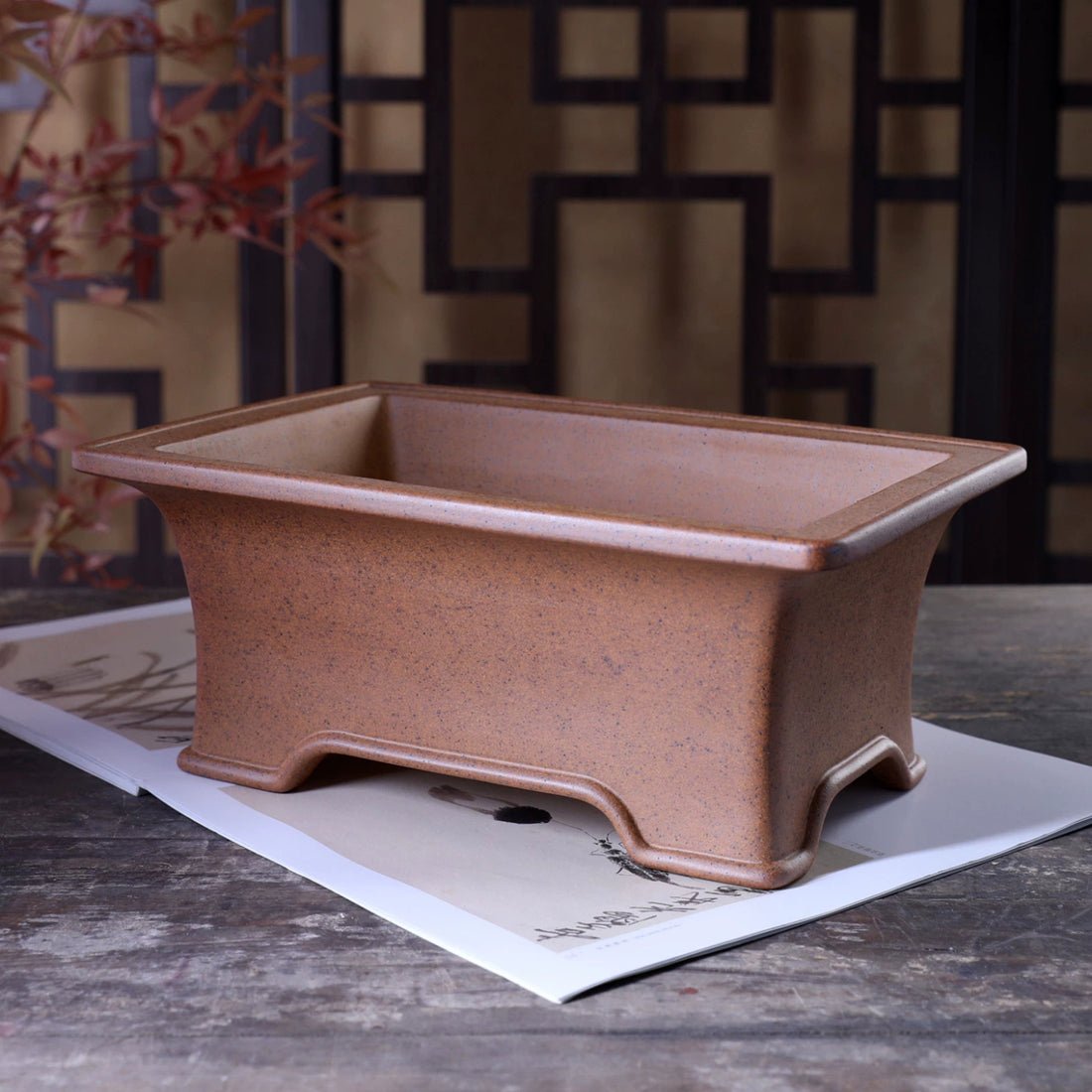10 inch (25.5cm) Large Flared Rectangular Wood-Fired Unglazed Bonsai Pot w Arched Feet Corner View