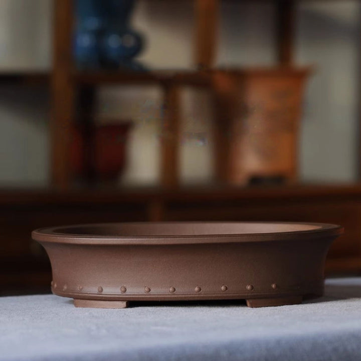 11.1" (28.3cm) Oval Handmade Bonsai Pot w Raised Studded Design