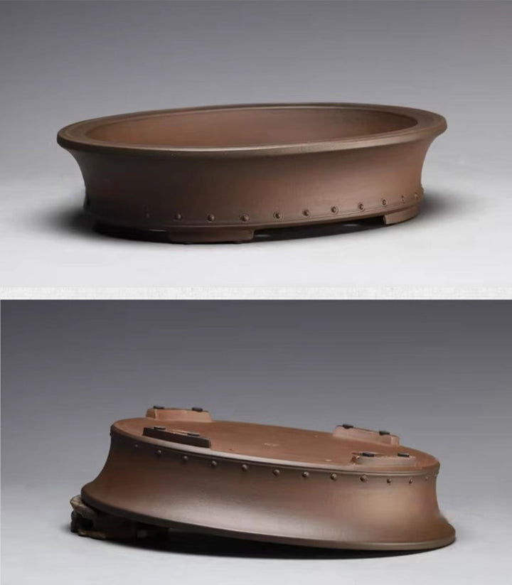 11.1" (28.3cm) Oval Handmade Bonsai Pot w Raised Studded Design Corner View