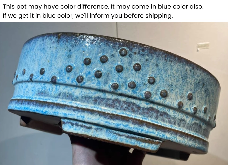 11.2" (28.5cm) Large Round Exclusive Blue-Green Glaze Drum Bonsai Pot Blue Color