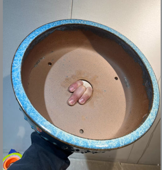 11.2" (28.5cm) Large Round Exclusive Blue-Green Glaze Drum Bonsai Pot Blue Color Inner View