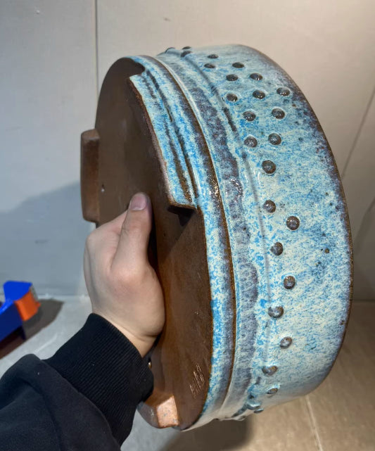 11.2" (28.5cm) Large Round Exclusive Blue-Green Glaze Drum Bonsai Pot Blue Color Side View