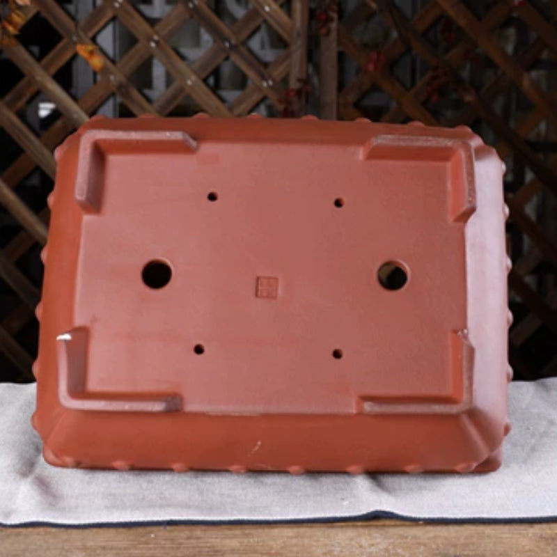 11.2 inch (28.5cm) Large Bulged Rectangular Traditional Unglazed Studded Bonsai Pot Bottom View
