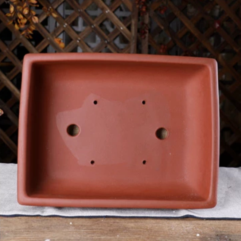 11.2 inch (28.5cm) Large Bulged Rectangular Traditional Unglazed Studded Bonsai Pot Inner View