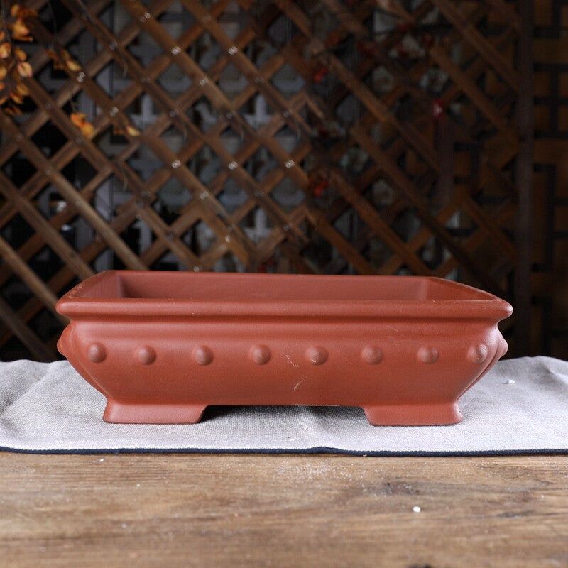 11.2 inch (28.5cm) Large Bulged Rectangular Traditional Unglazed Studded Bonsai Pots