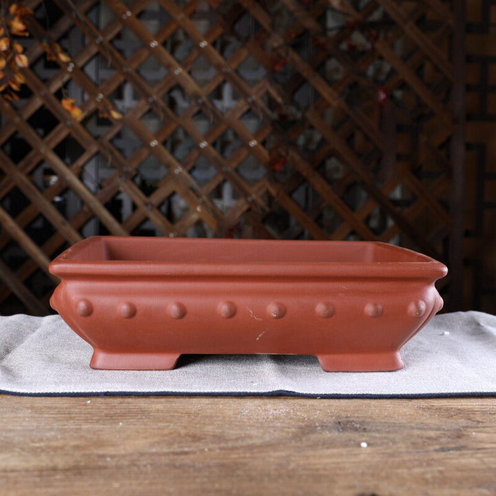 11.2 inch (28.5cm) Large Bulged Rectangular Traditional Unglazed Studded Bonsai Pots