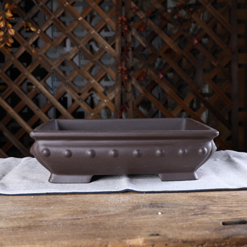 11.2 inch (28.5cm) Large Bulged Rectangular Traditional Unglazed Studded Bonsai Pots Brown Color