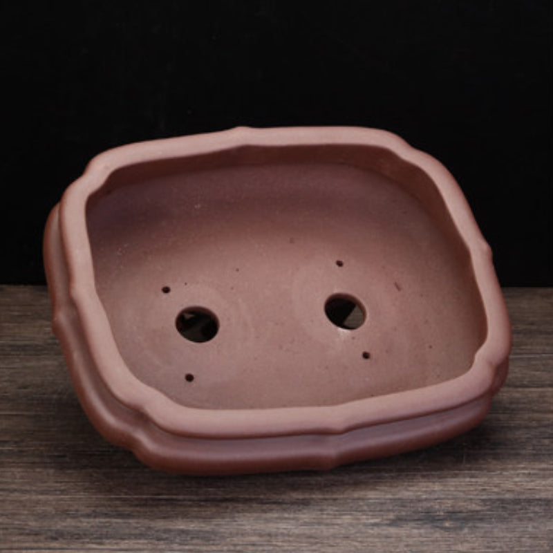 11.2 inch (28.5cm) Large Lobed Rectangular Unglazed Unique Bonsai Pot with Bulged Walls Inside View