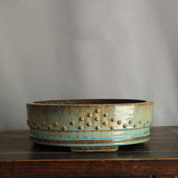 11.2 inch (28.5cm) Large Round Exclusive Blue-Green Glaze Drum Bonsai Pot