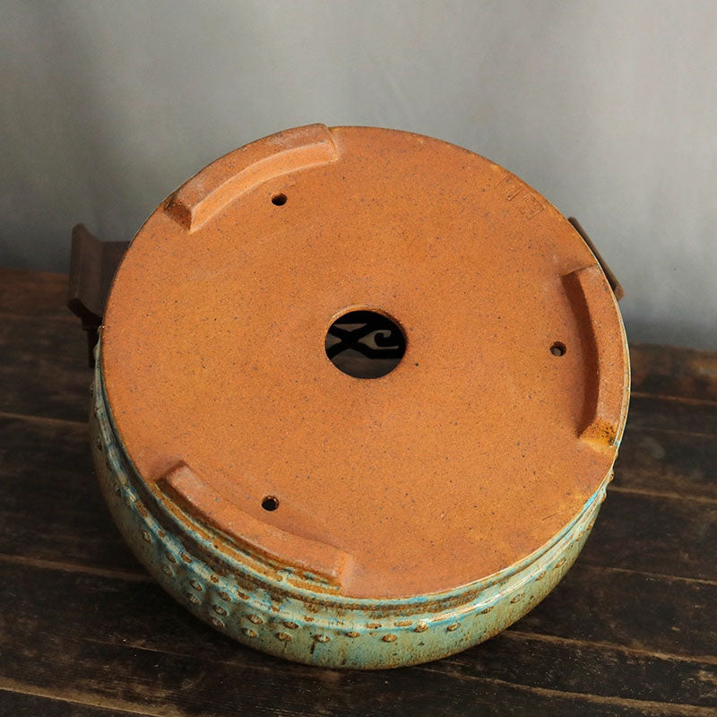 11.2 inch (28.5cm) Large Round Exclusive Blue-Green Glaze Drum Bonsai Pot Bottom View