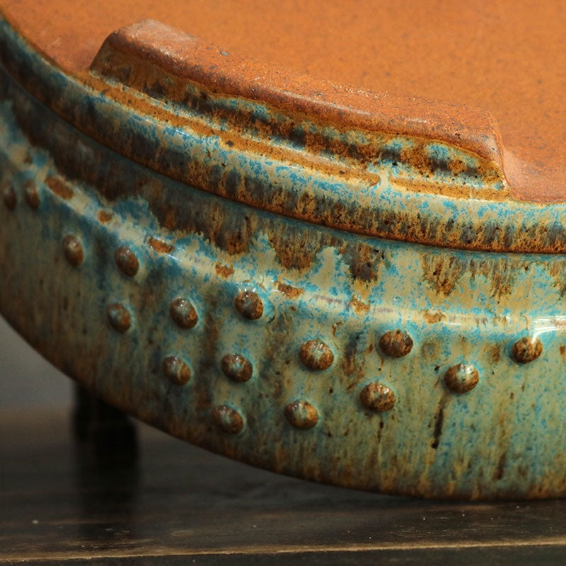 11.2 inch (28.5cm) Large Round Exclusive Blue-Green Glaze Drum Bonsai Pot Bottom View Close Shot