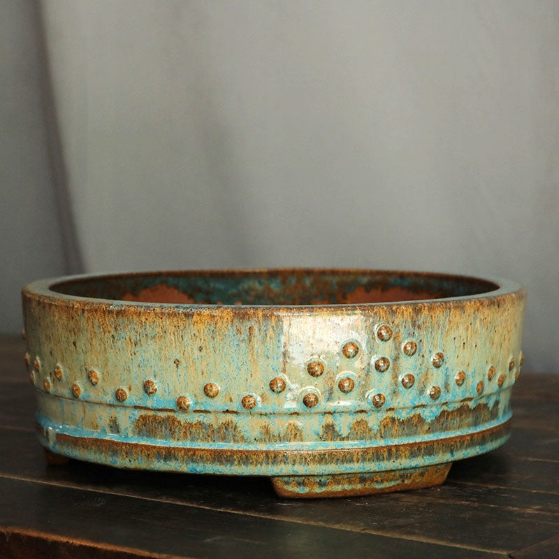 11.2 inch (28.5cm) Large Round Exclusive Blue-Green Glaze Drum Bonsai Pot Corner View