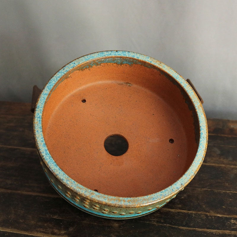 11.2 inch (28.5cm) Large Round Exclusive Blue-Green Glaze Drum Bonsai Pot Inner View
