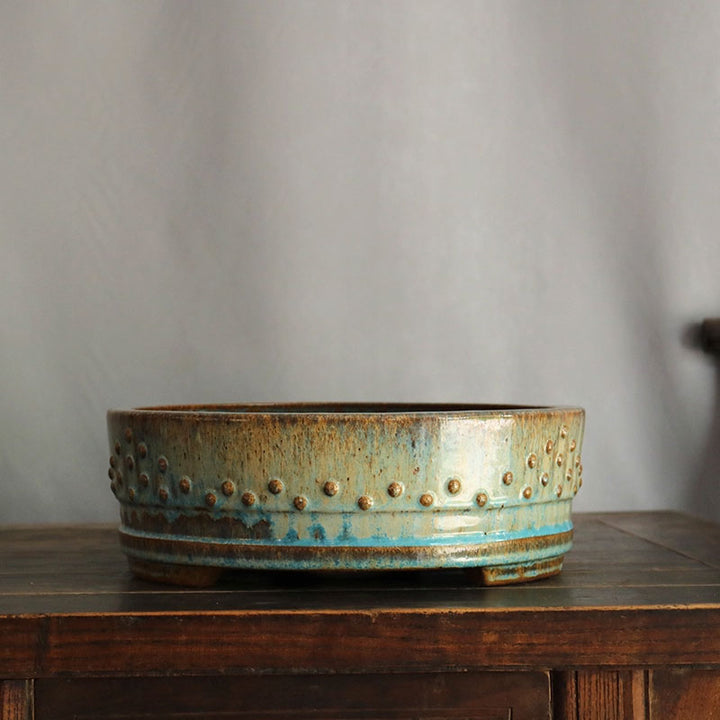 11.2 inch (28.5cm) Large Round Exclusive Blue-Green Glaze Drum Bonsai Pot Side View