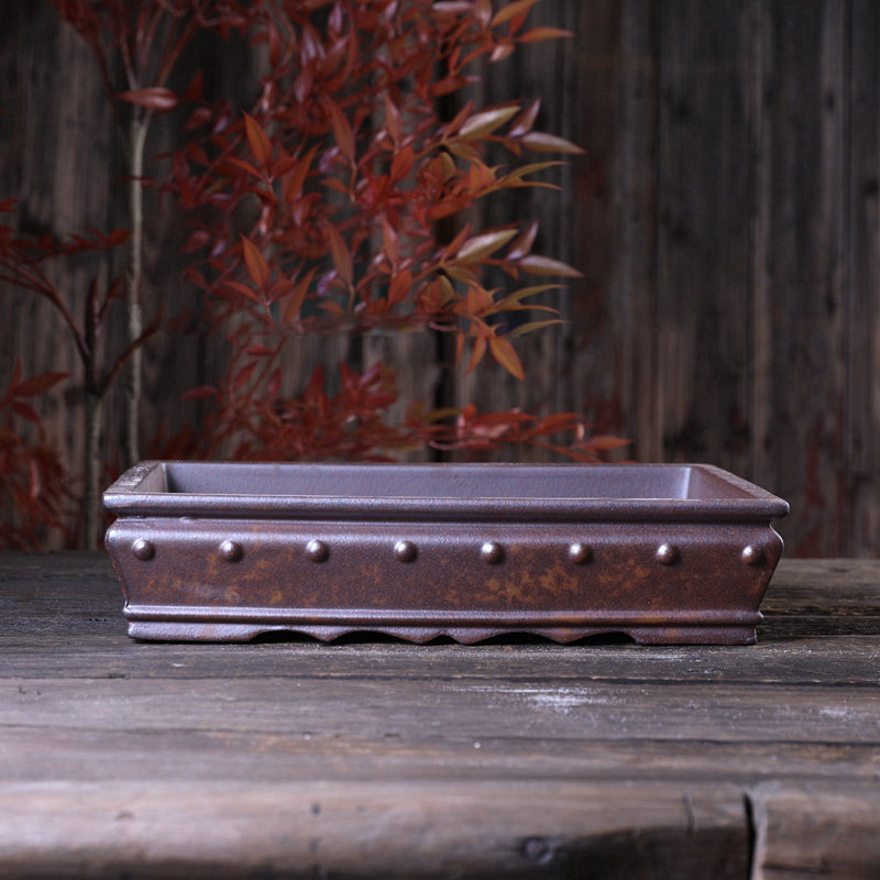 11.2 inch (28.5cm) Large Studded Rectangular Wood-Fired Unglazed Bonsai Pot