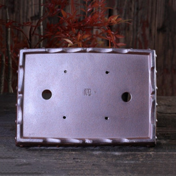 11.2 inch (28.5cm) Large Studded Rectangular Wood-Fired Unglazed Bonsai Pot Bottom View