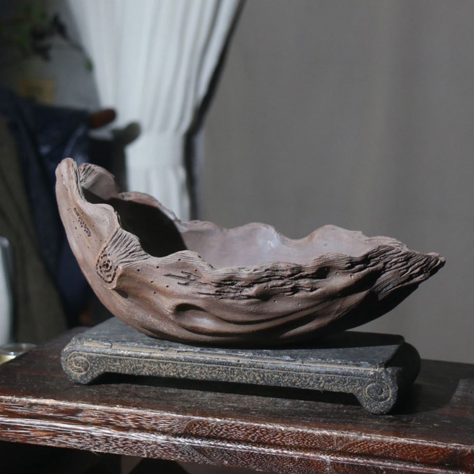 11.4" (29cm) Handcrafted Driftwood-Inspired Abstract Bonsai Pot Corner View