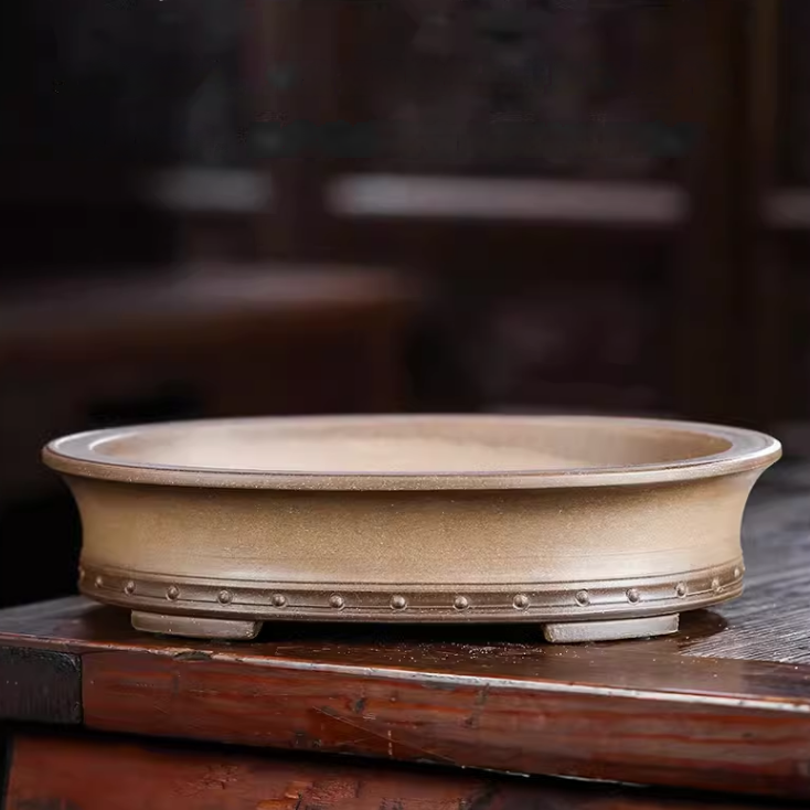 11.4" (29cm) Oval Handmade Shallow Bonsai Pot w Raised Studded Design