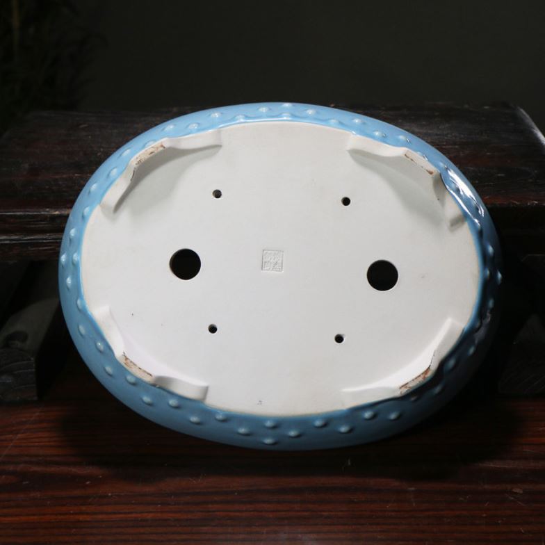 11.4" (29cm) Oval Shallow Cracked Glaze Studded Bonsai Pots Handmade Bottom View