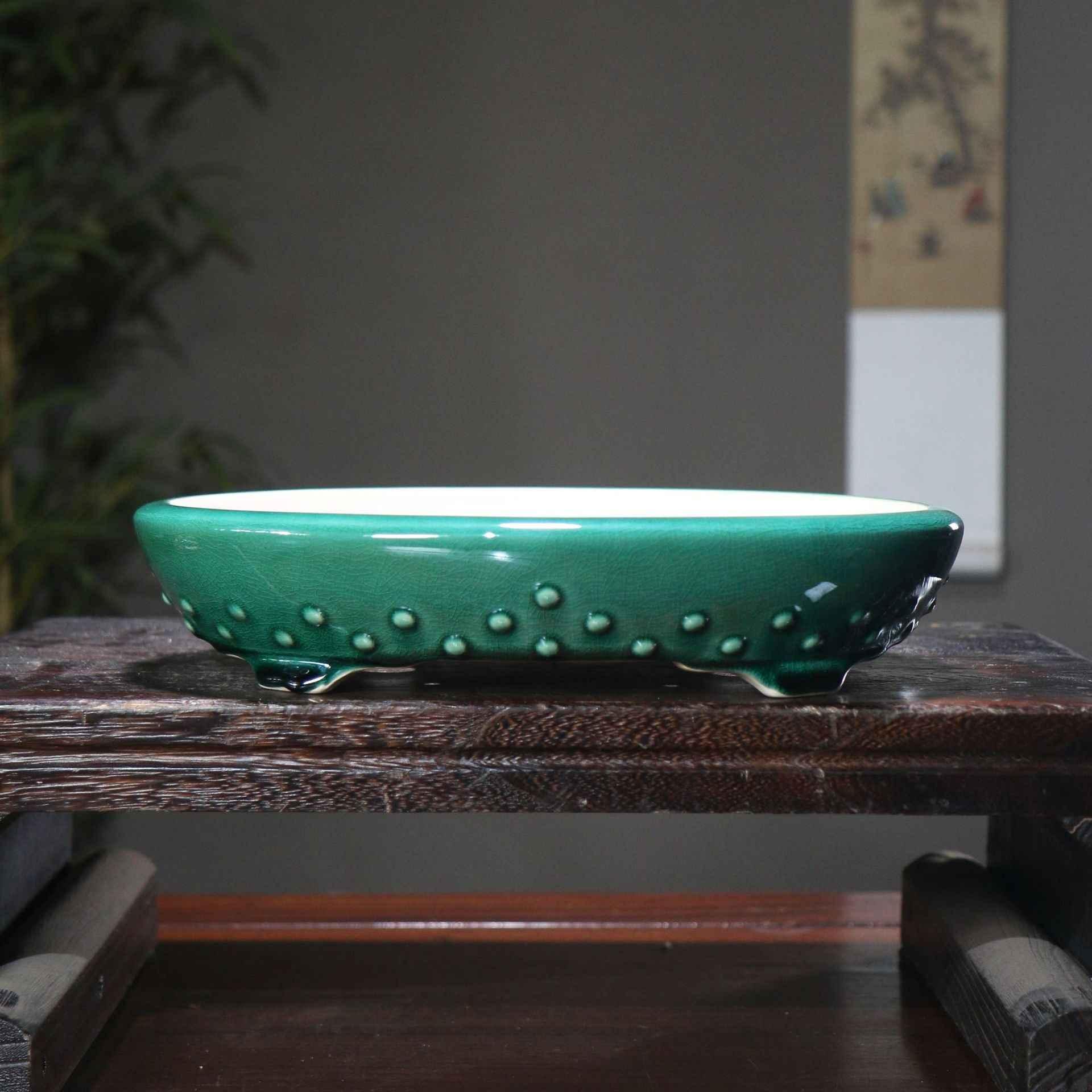 11.4" (29cm) Oval Shallow Cracked Glaze Studded Bonsai Pots Handmade