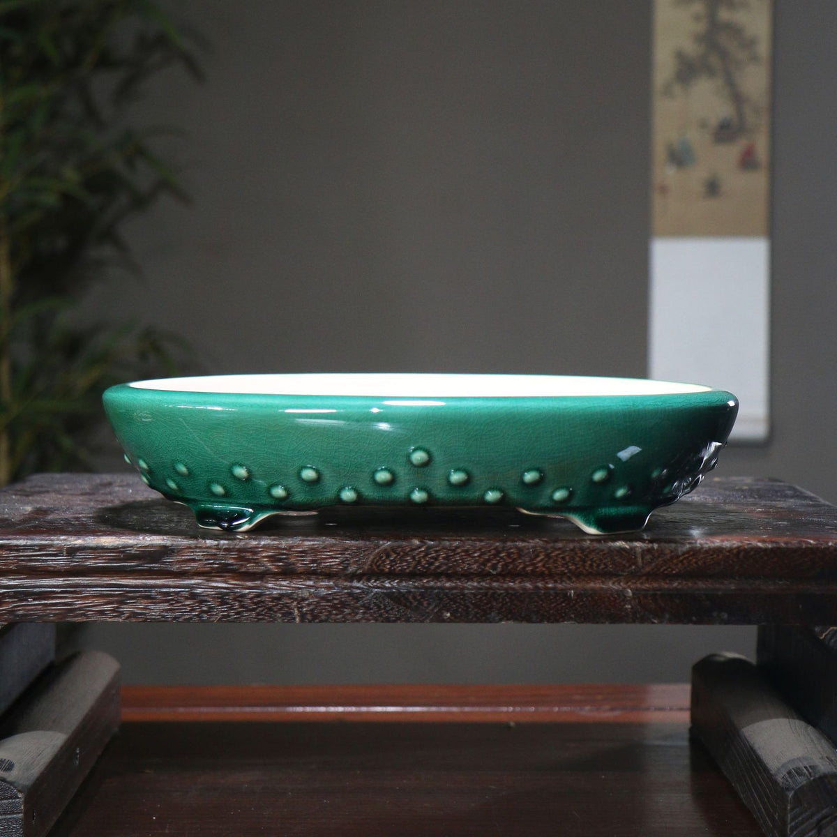 11.4" (29cm) Oval Shallow Cracked Glaze Studded Bonsai Pots Handmade Green Color
