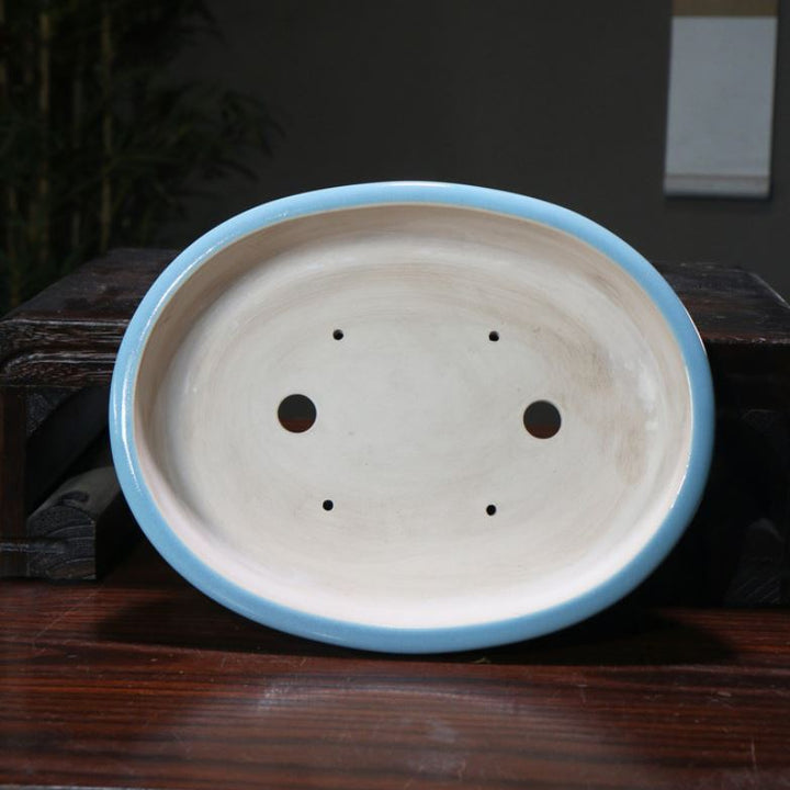 11.4" (29cm) Oval Shallow Cracked Glaze Studded Bonsai Pots Handmade Inner View