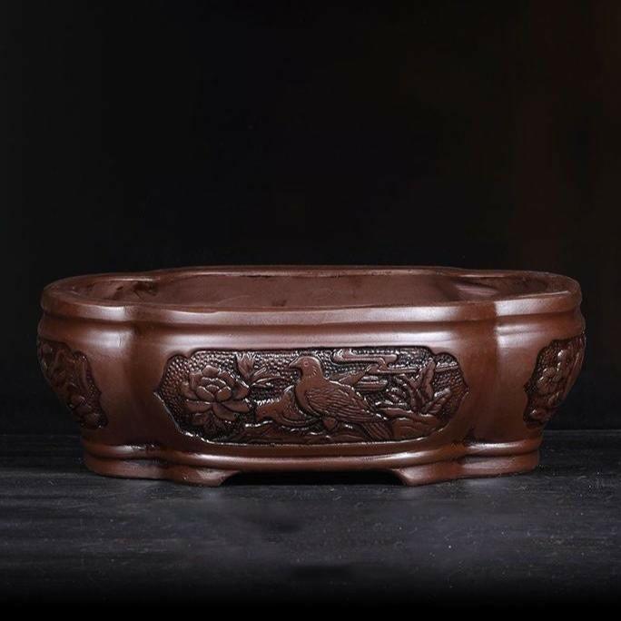 11.4" Large Antique Style Lotus-Shaped Carved Pots - Potscape
