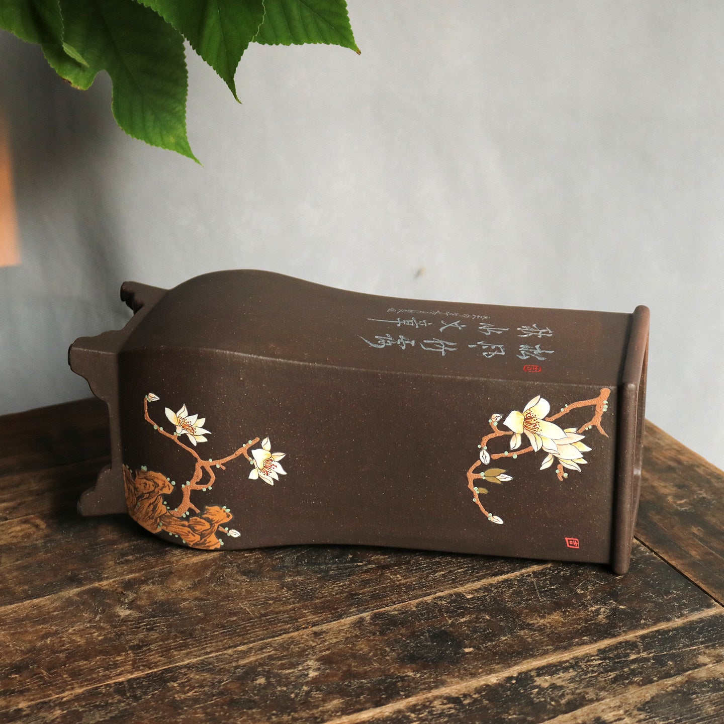 11.4 inch (29cm) Deep Square Unglazed Decorative Cascade Bonsai Pot w Floral Artwork Side View