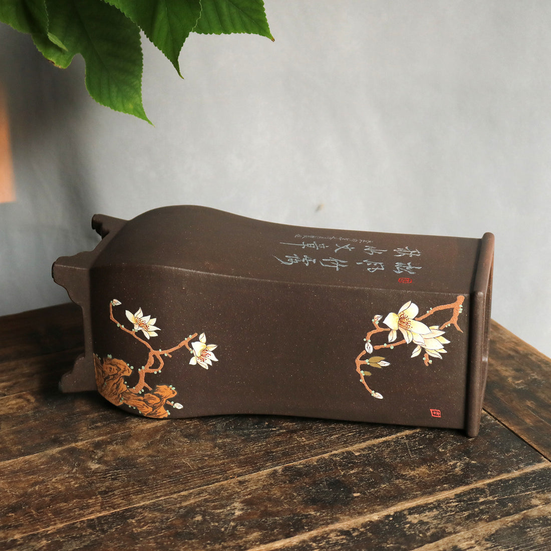 11.4 inch (29cm) Deep Square Unglazed Decorative Cascade Bonsai Pot w Floral Artwork Side View