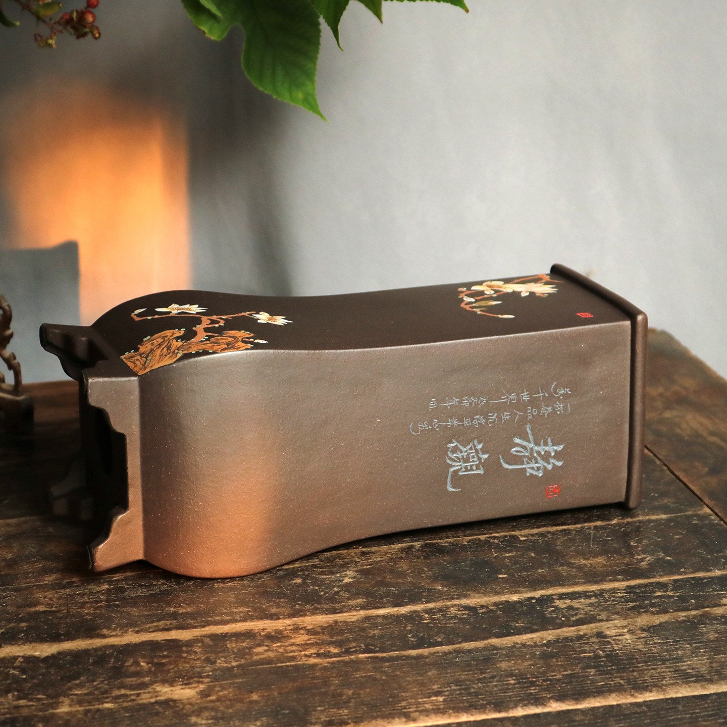 11.4 inch (29cm) Deep Square Unglazed Decorative Cascade Bonsai Pot w Floral Artwork Side View