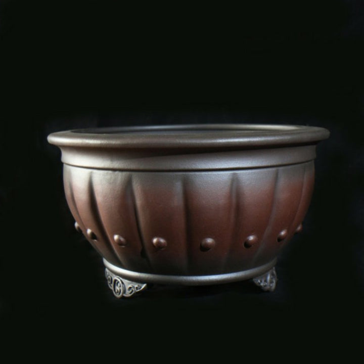 11.4 inch (29cm) Wide 6.7 inch (17cm) Deep Studded Round Black-Brown Dual Tone Semi Cascade Bonsai Pot