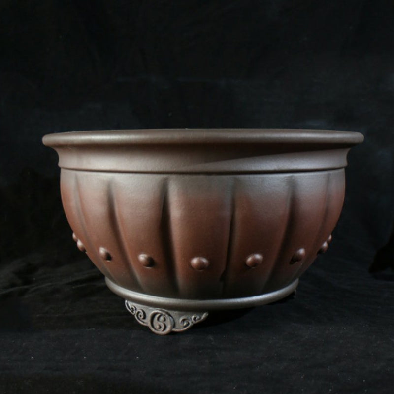 11.4 inch (29cm) Wide 6.7 inch (17cm) Deep Studded Round Black-Brown Dual Tone Semi Cascade Bonsai Pot Corner View