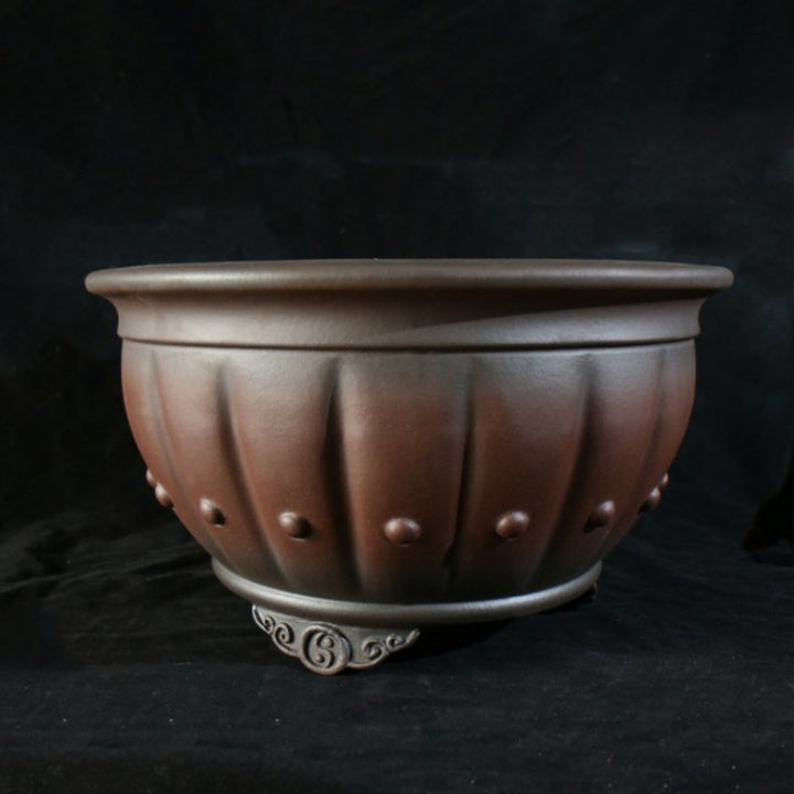 11.4 inch (29cm) Wide 6.7 inch (17cm) Deep Studded Round Black-Brown Dual Tone Semi Cascade Bonsai Pot Corner View