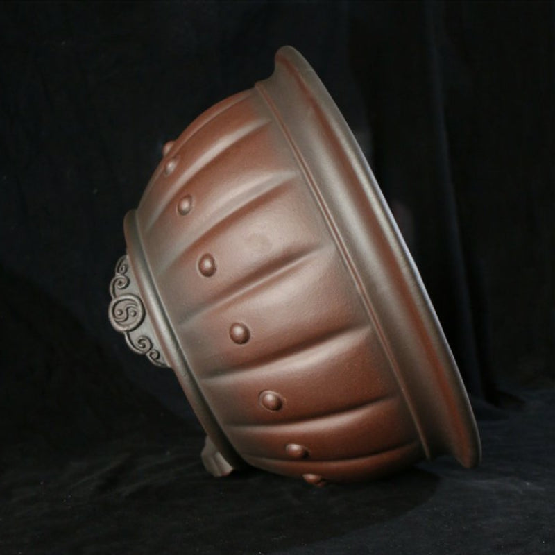 11.4 inch (29cm) Wide 6.7 inch (17cm) Deep Studded Round Black-Brown Dual Tone Semi Cascade Bonsai Pot Side View